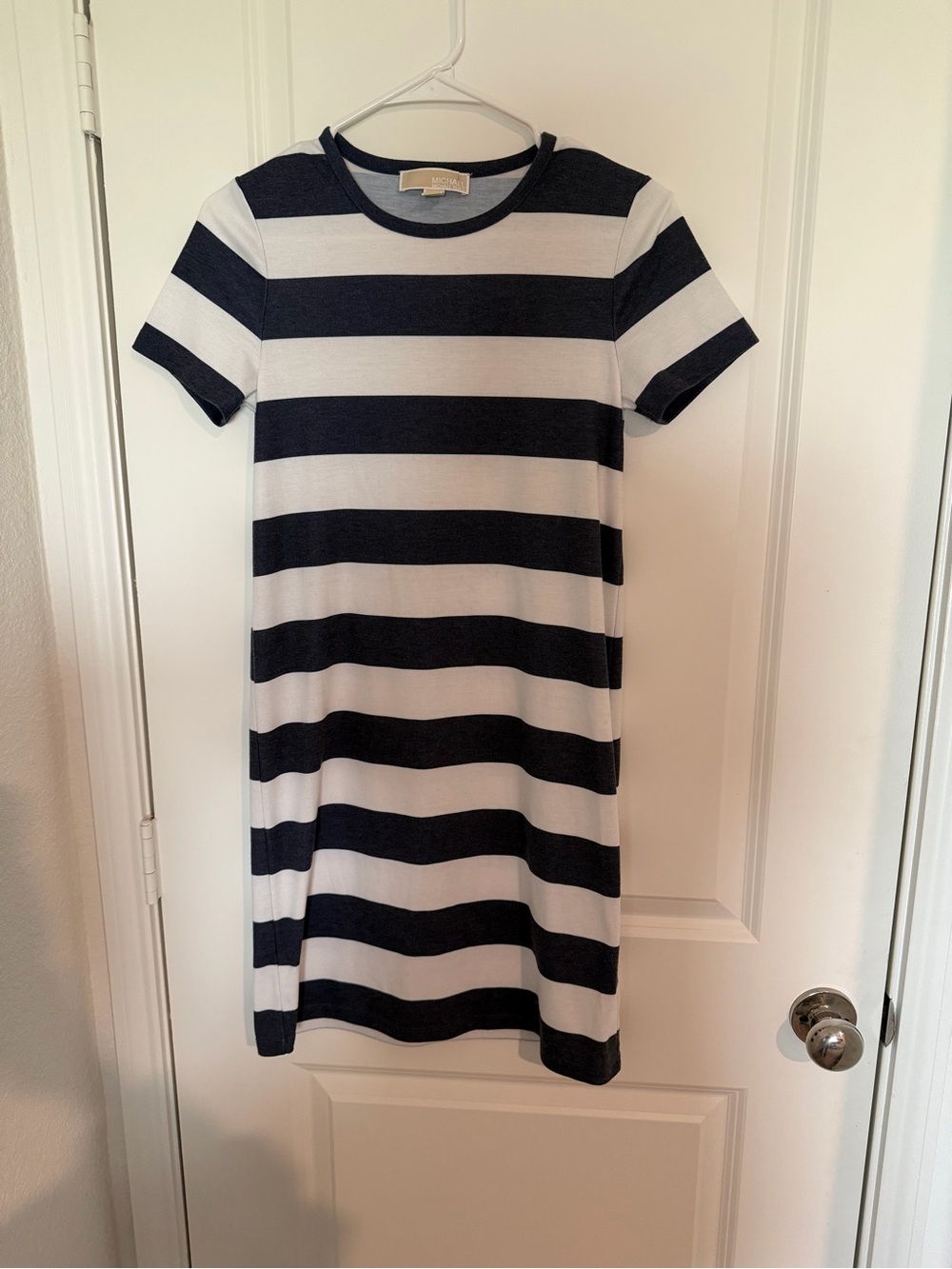 MICHAEL Michael Kors Black and White Striped Short-Sleeve Shift Dress